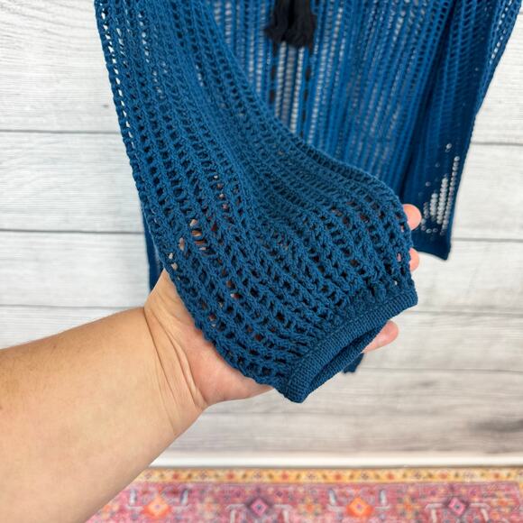 Free People Women's Blue Lattice Open Knit Tie Front Boho Cardigan Size Medium - Picture 4 of 12